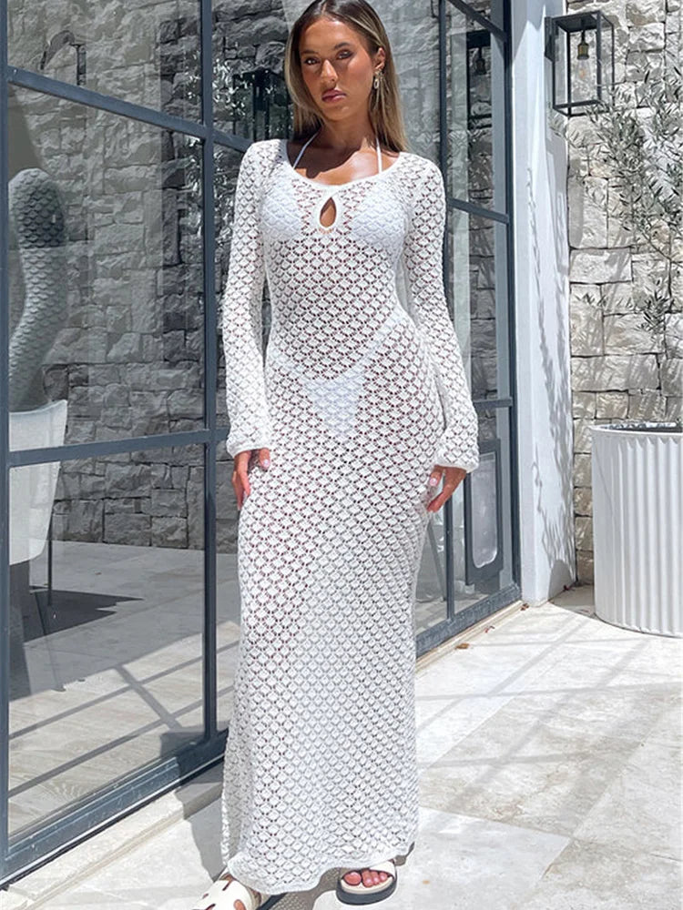 See Through Hollow Out Long Sleeve Cover Up WHITE / S