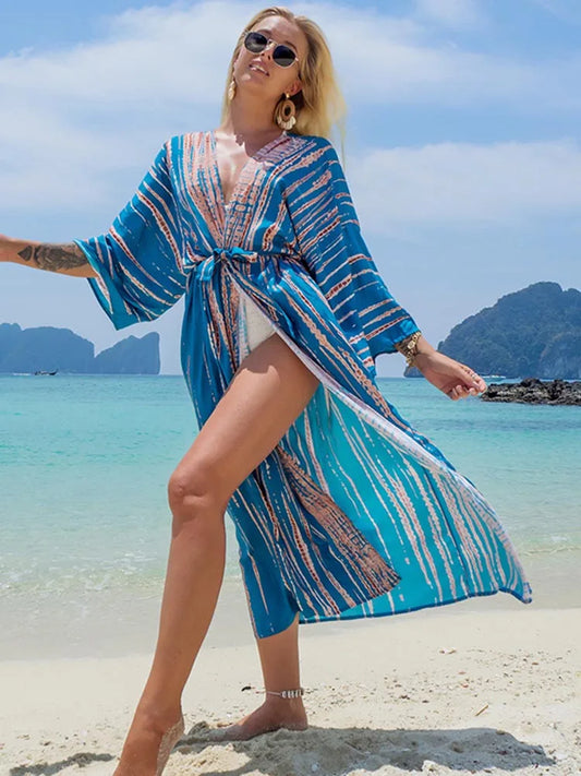 Printed Lace Up Bikini Cover Up color18 / One Size