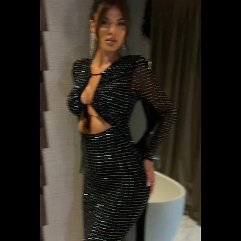 Sequined Hollow Long-Sleeved Body-Hugging Party-Ready Clubwear Sensual Midi Dress