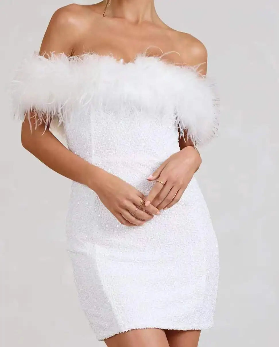 Backless Glitter Feather Slim Party Dress White / S Partydress-241208