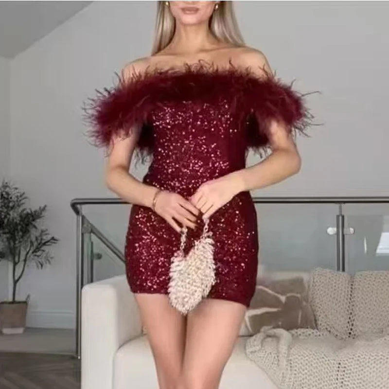 Backless Glitter Feather Slim Party Dress Red / S Partydress-241208
