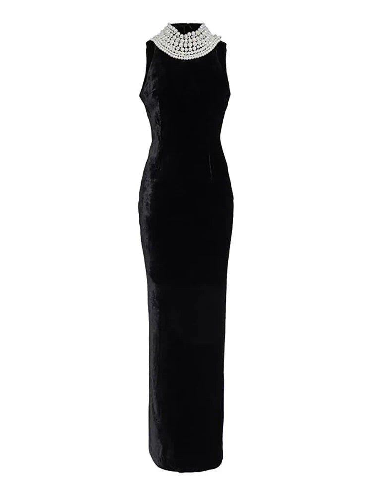 Sexy Black Velvet Halter Neck Pearl Chain Long Dress Maxi Christmas Party / Xs Dresses-L