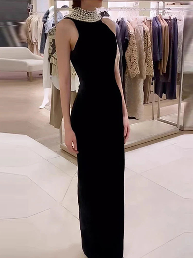 Sexy Black Velvet Halter Neck Pearl Chain Long Dress Maxi Christmas Party Dresses-L