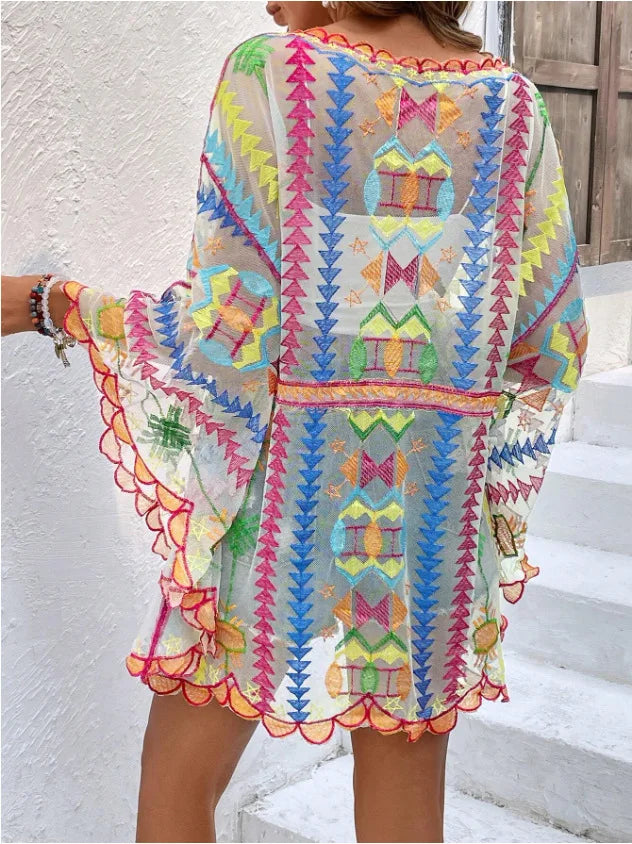 Deep V-neck Tunic Lace Boho Mini Beach Cover up as picture / One Size bohocoverup-250126
