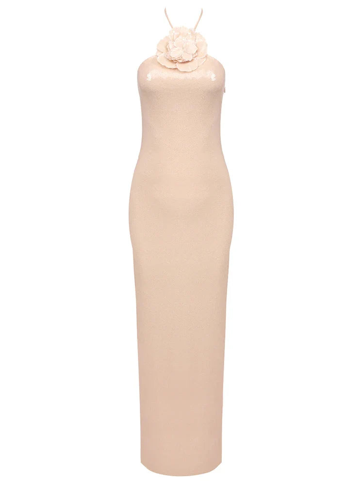 Sexy Halter 3D Flowers Sequins Long Dress Sleeveless Backless Christmas Party Apricot / Xs Dresses-L