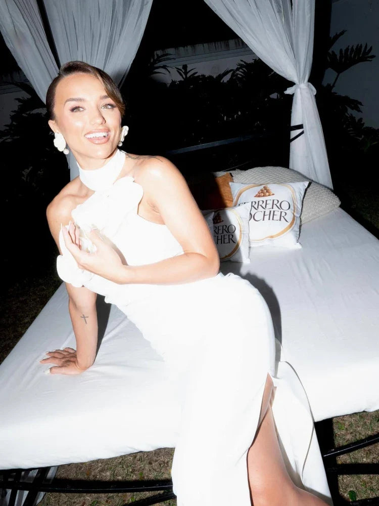 Sexy Halter Backless 3D Flower White Sleeveless High Split Christmas Party Dress Dresses-L