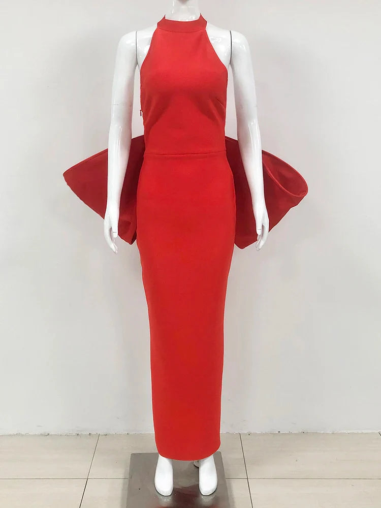Sexy Halter Neck Backless Bow Design Red Sleeveless Bodycon Christmas Party Dress / Xs Dresses-L