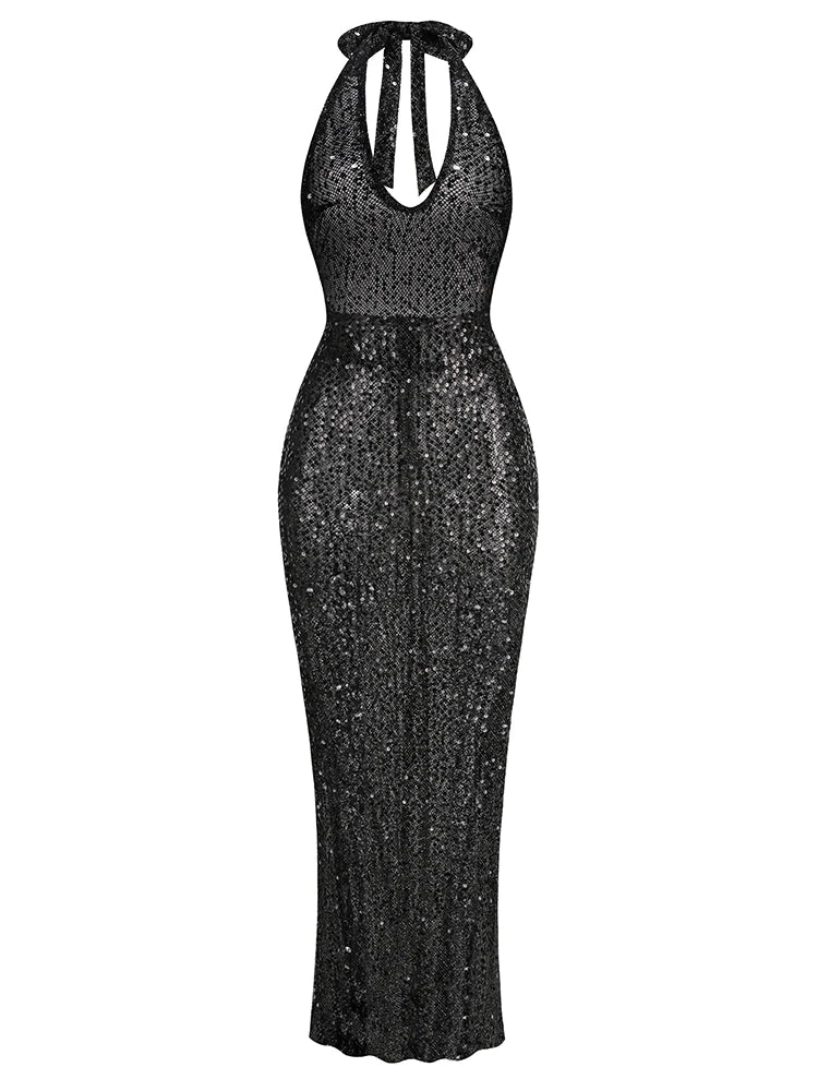 Sexy Halter Neck Lace-Up Sparkly Sequins Silver Black Backless Christmas Party Dress / Xs Dresses-L