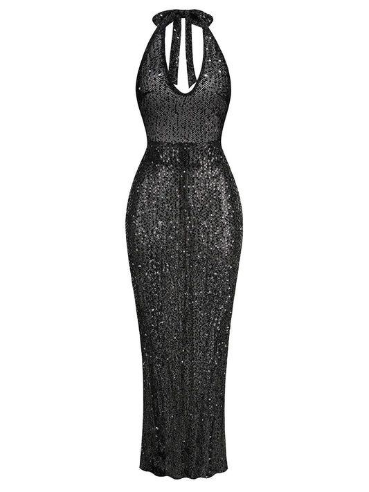 Sexy Halter Neck Lace-Up Sparkly Sequins Silver Black Backless Christmas Party Dress / Xs Dresses-L