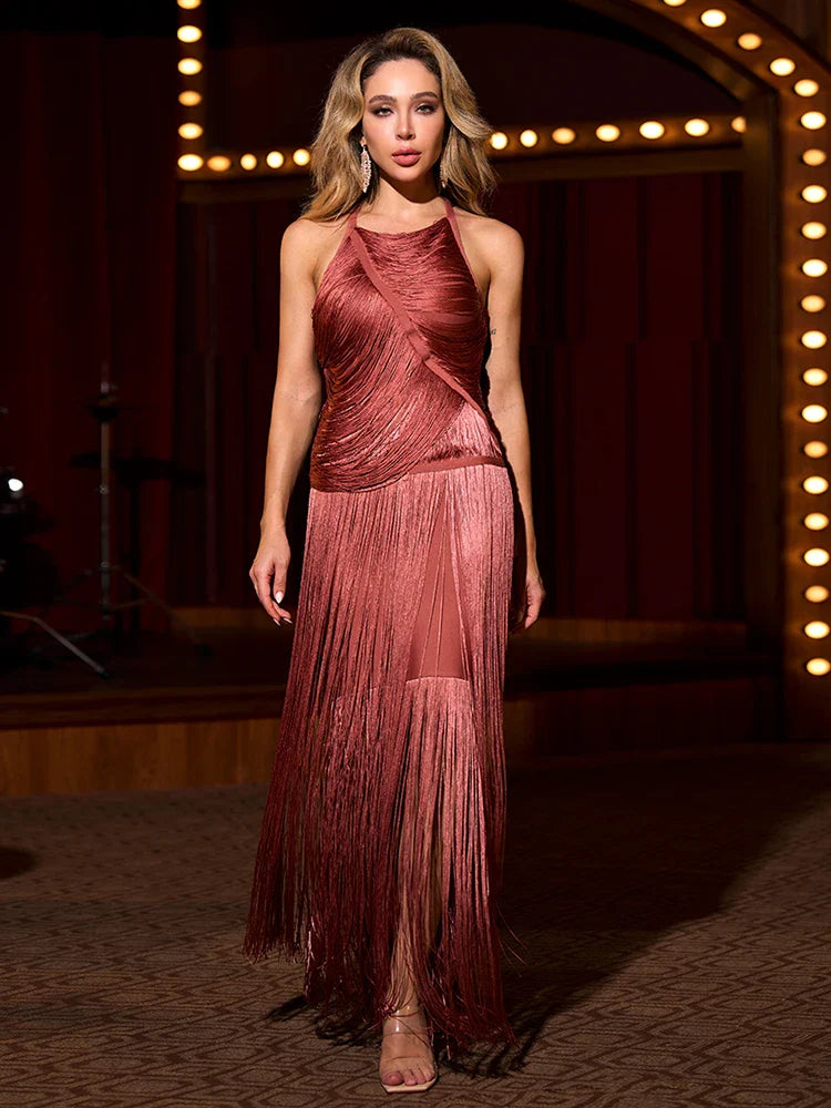 Sexy Halter Sleeveless Tassel Patchwork Bandage Dress Backless Fringe Christmas Party Dresses-L