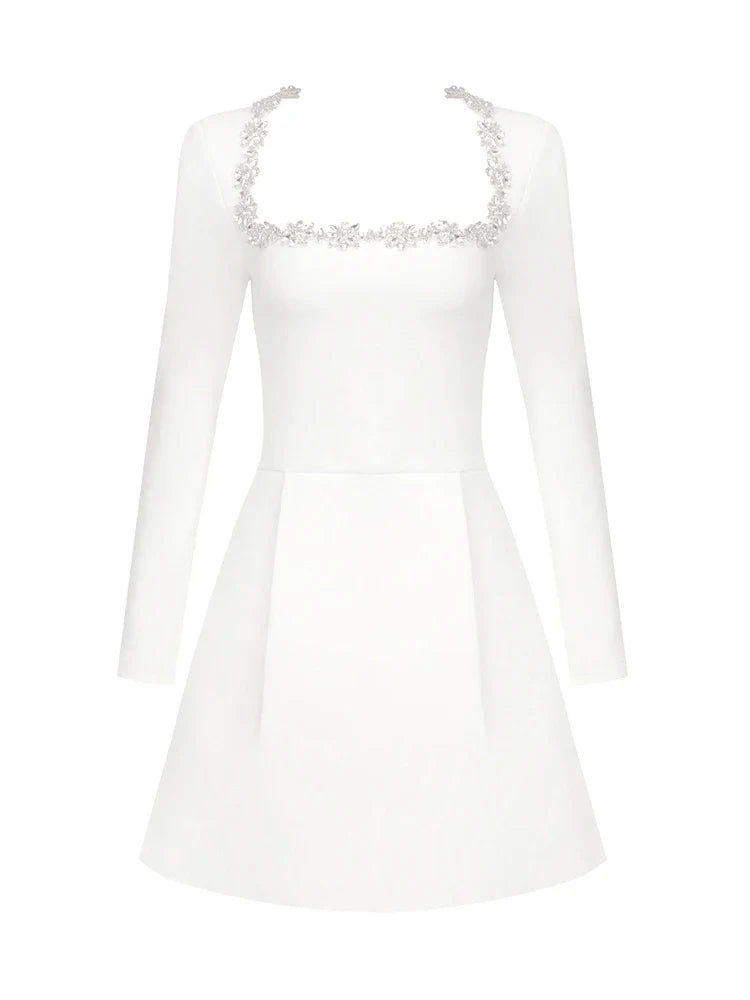 Sexy Long Sleeves Square Collar Crystal A-Line Slim Dress Elegant Christmas Party White / Xs