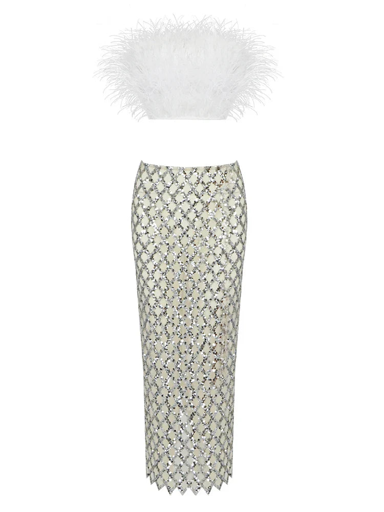 Sexy Luxury Sequins Feather Strapless Top Skirt Two Piece Set Christmas Party Dress White / S