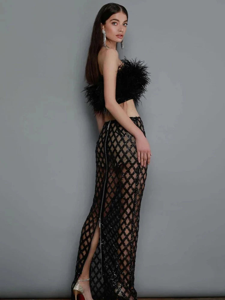 Sexy Luxury Sequins Feather Strapless Top Skirt Two Piece Set Christmas Party Dress Dresses-L
