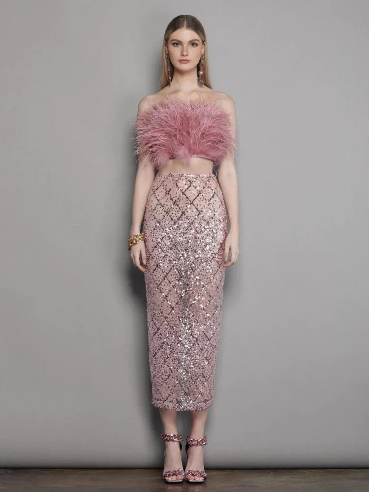 Sexy Luxury Sequins Feather Strapless Top Skirt Two Piece Set Christmas Party Dress Dresses-L