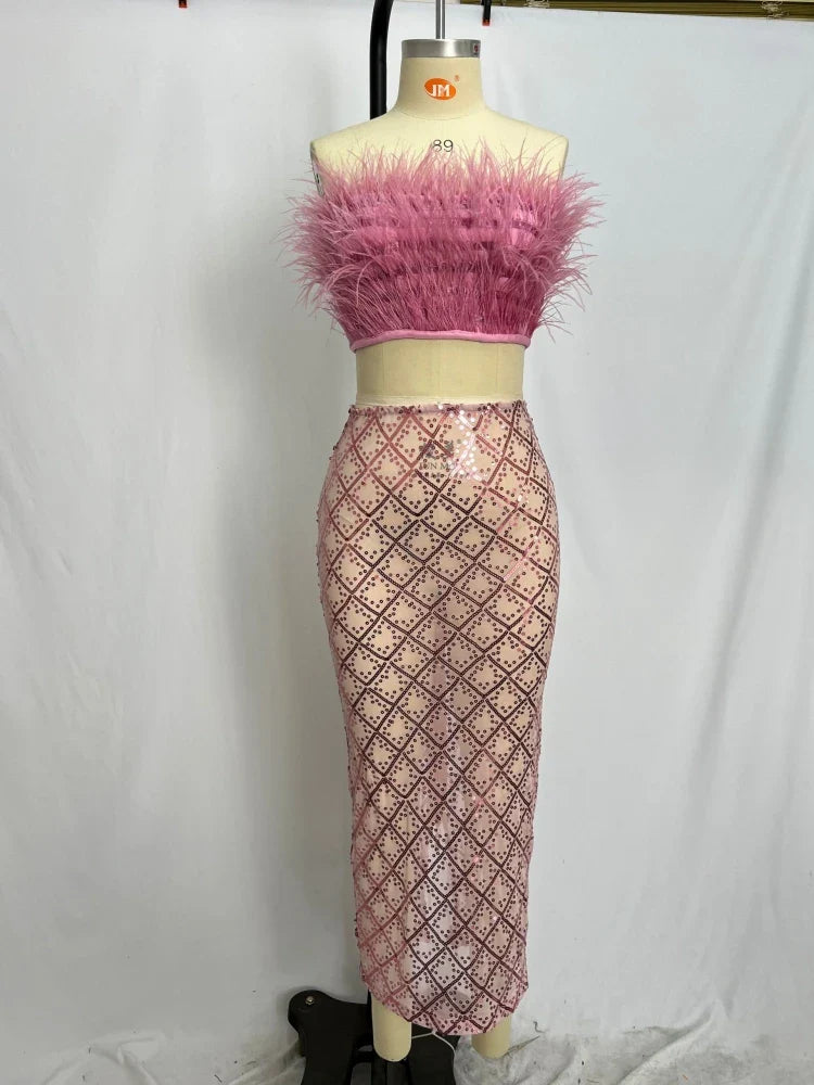 Sexy Luxury Sequins Feather Strapless Top Skirt Two Piece Set Christmas Party Dress Pink / S