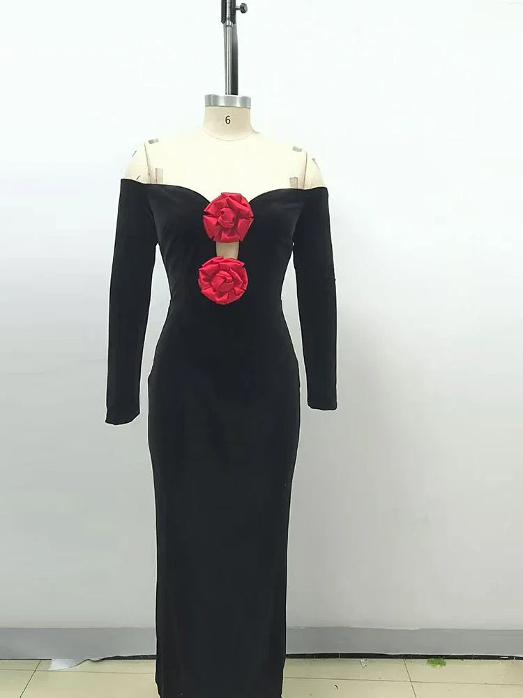 Sexy Off Shoulder V Neck Hollow Out Flower Dress Women Christmas Party Dresses-L