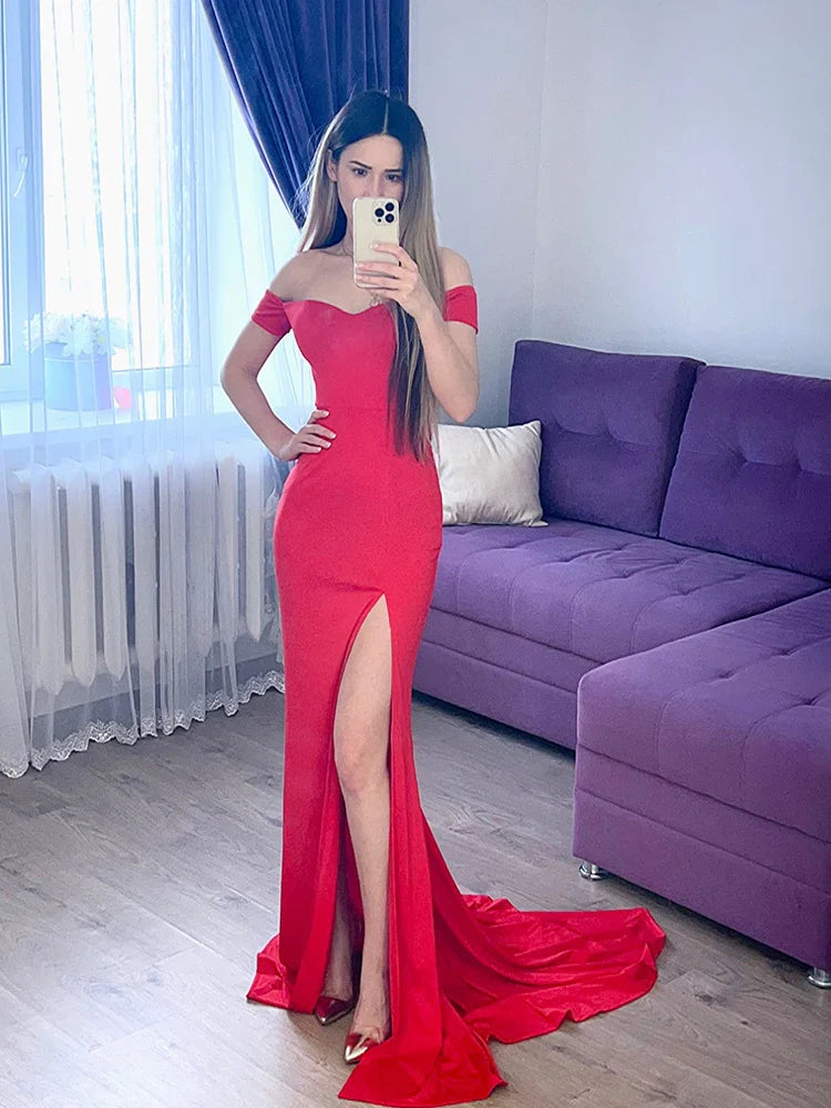 Sexy Off Shoulder Mermaid Bodycon Split Red Christmas Party Dress Dresses-L