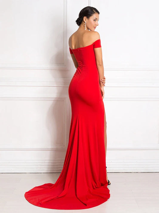 Sexy Off Shoulder Mermaid Bodycon Split Red Christmas Party Dress Dresses-L