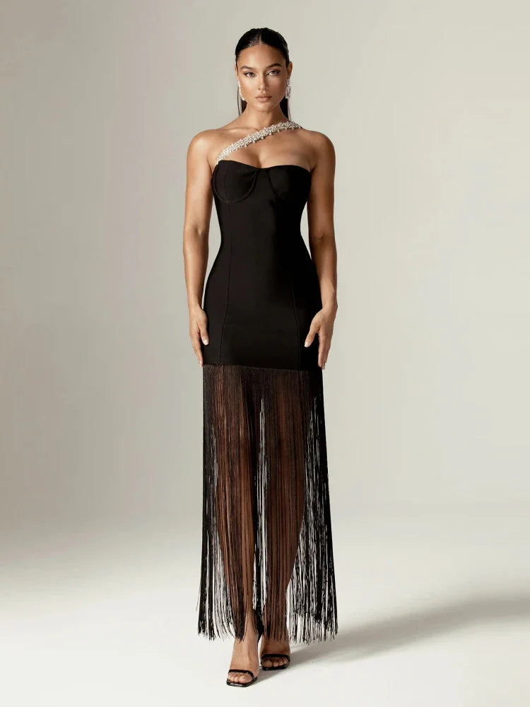 Sexy One Shoulder Diamonds Strap Tassel Bandage Dress Shiny Rhinestone Christmas Party Dresses-L