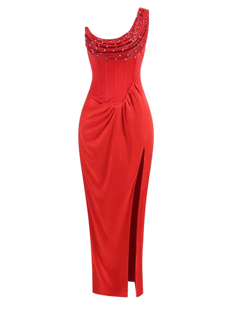 Sexy One Shoulder Embroidered Flares Slim Red Mesh Beaded Christmas Party Dress / Xs Dresses-L