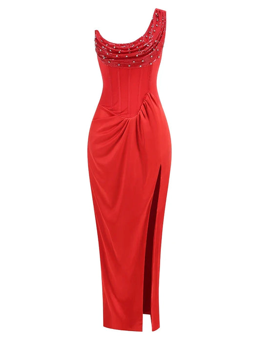 Sexy One Shoulder Embroidered Flares Slim Red Mesh Beaded Christmas Party Dress / Xs Dresses-L