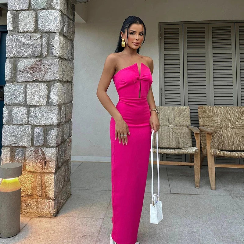 Sexy Strapless Slim Hollow Out Maxi Red Christmas Party Dress Rose / S Dresses-L