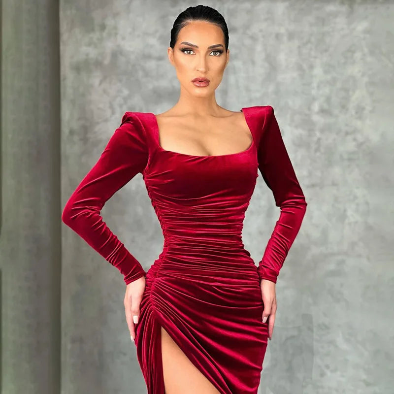 Sexy Red Velvet Elegant Midi Christmas Party Dress Burgundy / S Dresses-L