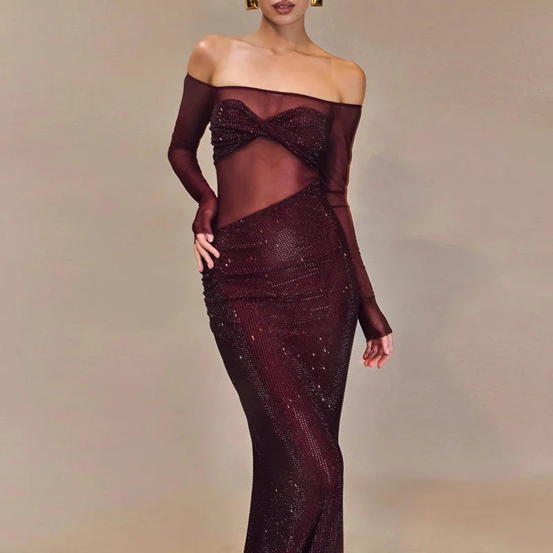 Sheer Mesh Sequin Banquet Party Dress Partydress-241208