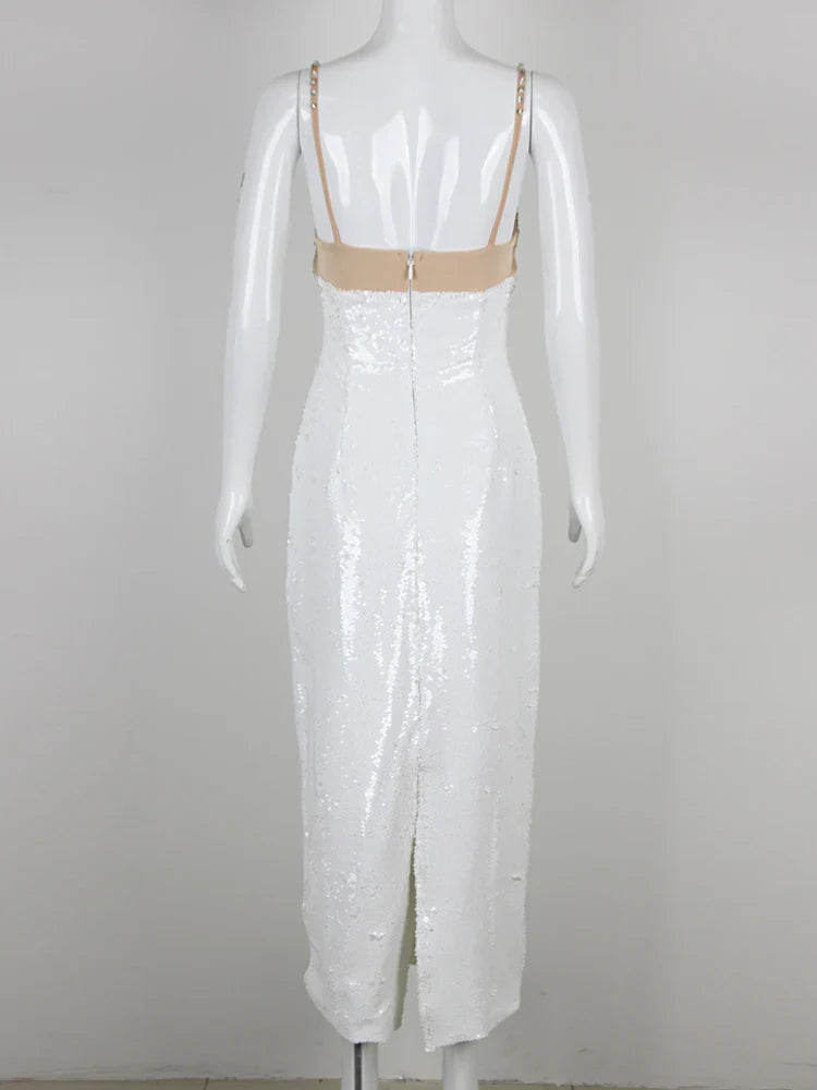 Sexy Spaghetti Strap Luxury Diamond Sequin Dress White Backless Midi Christmas Party Dresses-L