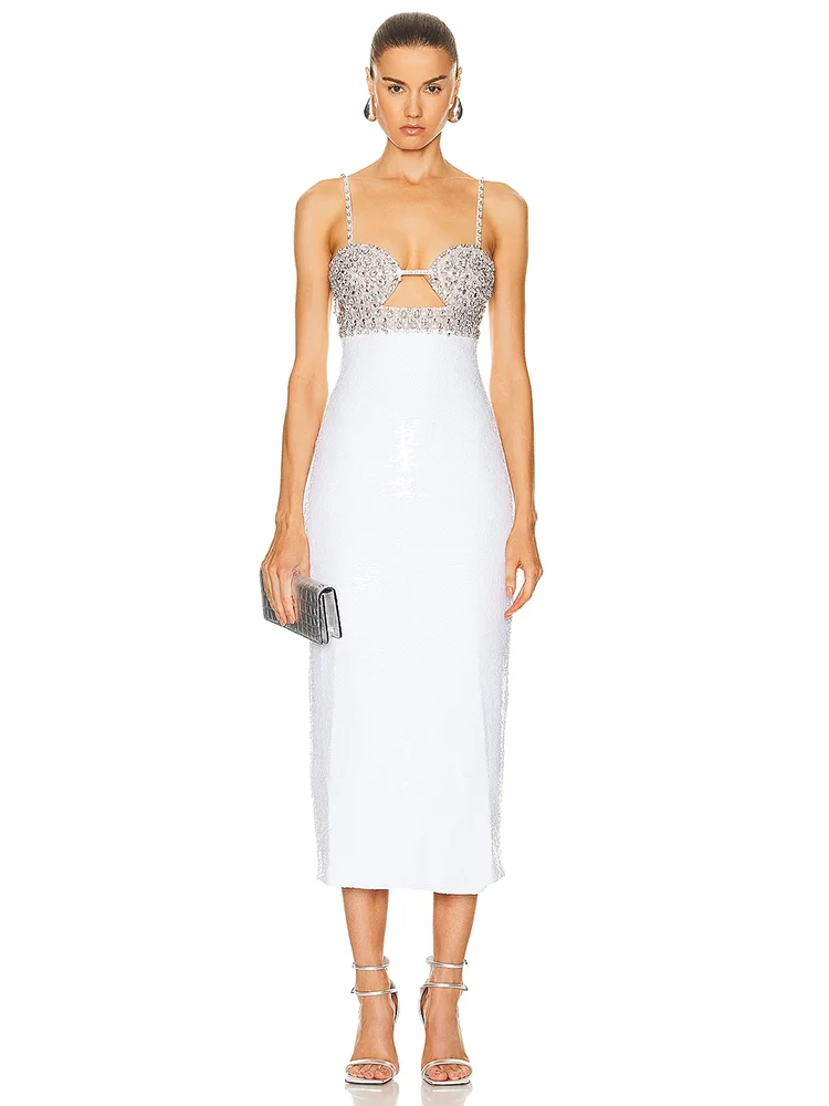 Sexy Spaghetti Strap Luxury Diamond Sequin Dress White Backless Midi Christmas Party Dresses-L