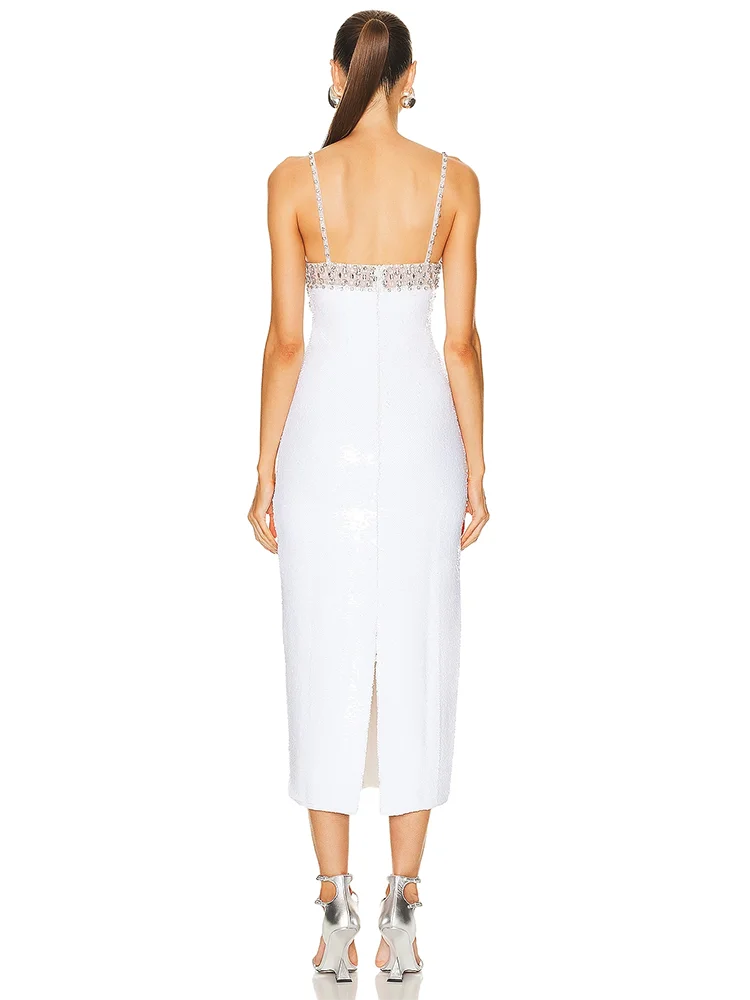 Sexy Spaghetti Strap Luxury Diamond Sequin Dress White Backless Midi Christmas Party Dresses-L