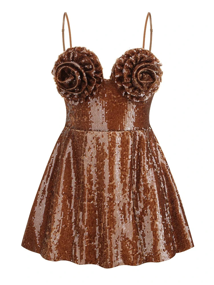 Sexy Spaghetti Strap Sequins Flower Mini A-Line Backless Christmas Party Dress Brown / Xs Dresses-L