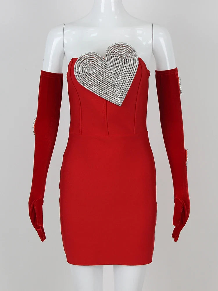 Sexy Strapless Heart Diamonds Bandage Gloves Black Backless Bodycon Christmas Party Dress Red / S
