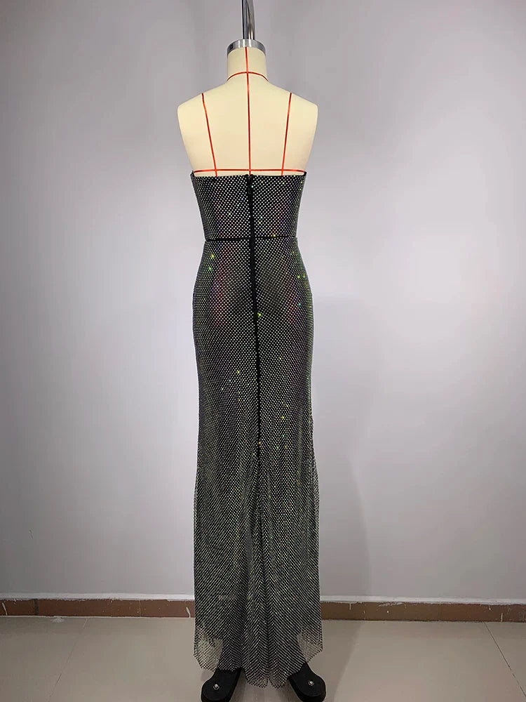 Sexy Strapless Luxury Diamonds Long Dress Shiny Sequins Crystal Folds Christmas Party Dresses-L
