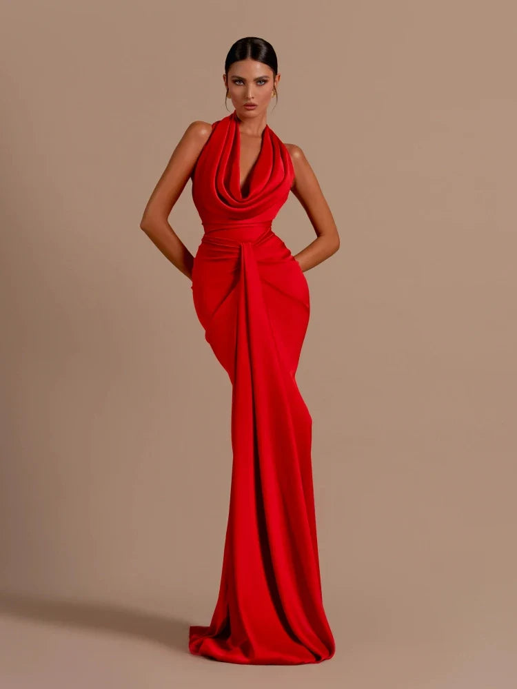 Sexy Swinging Collar Backless Pleated Long Dress Draped Design Christmas Party Dresses-L