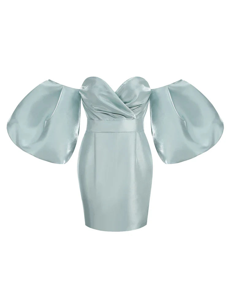 Sexy V-Neck Strapless Puff Sleeve Satin Midi Off Shoulder Christmas Party Dress Blue / S Dresses-L