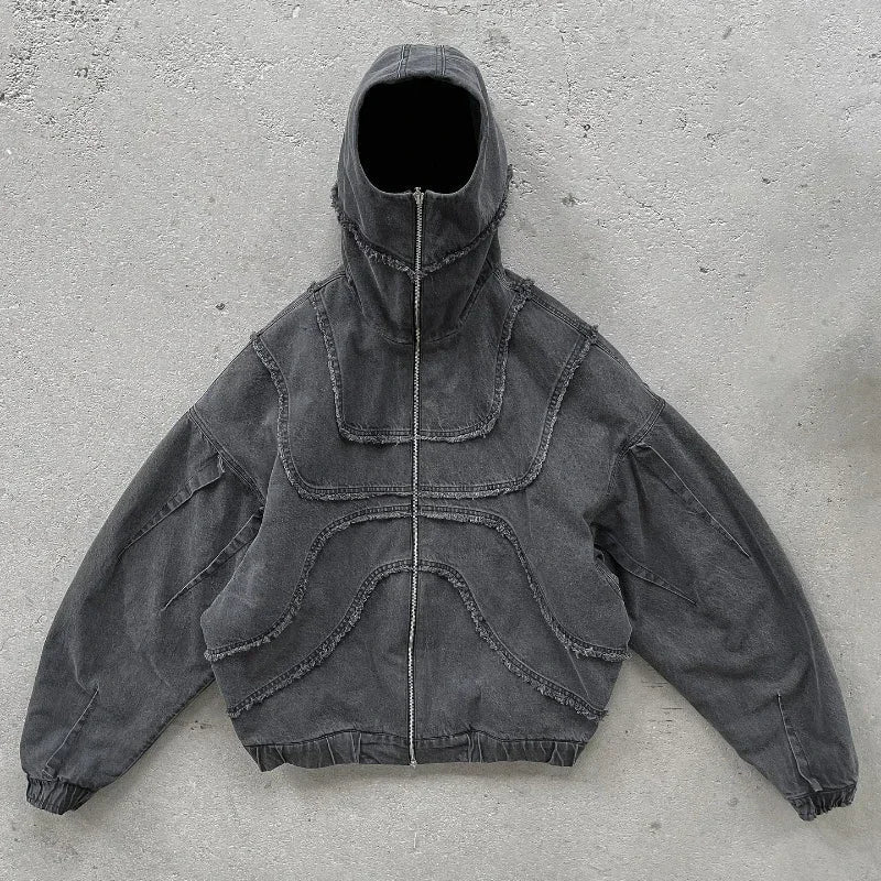 Y2K Gothic Denim Joining Zipper Hoodie Black / M