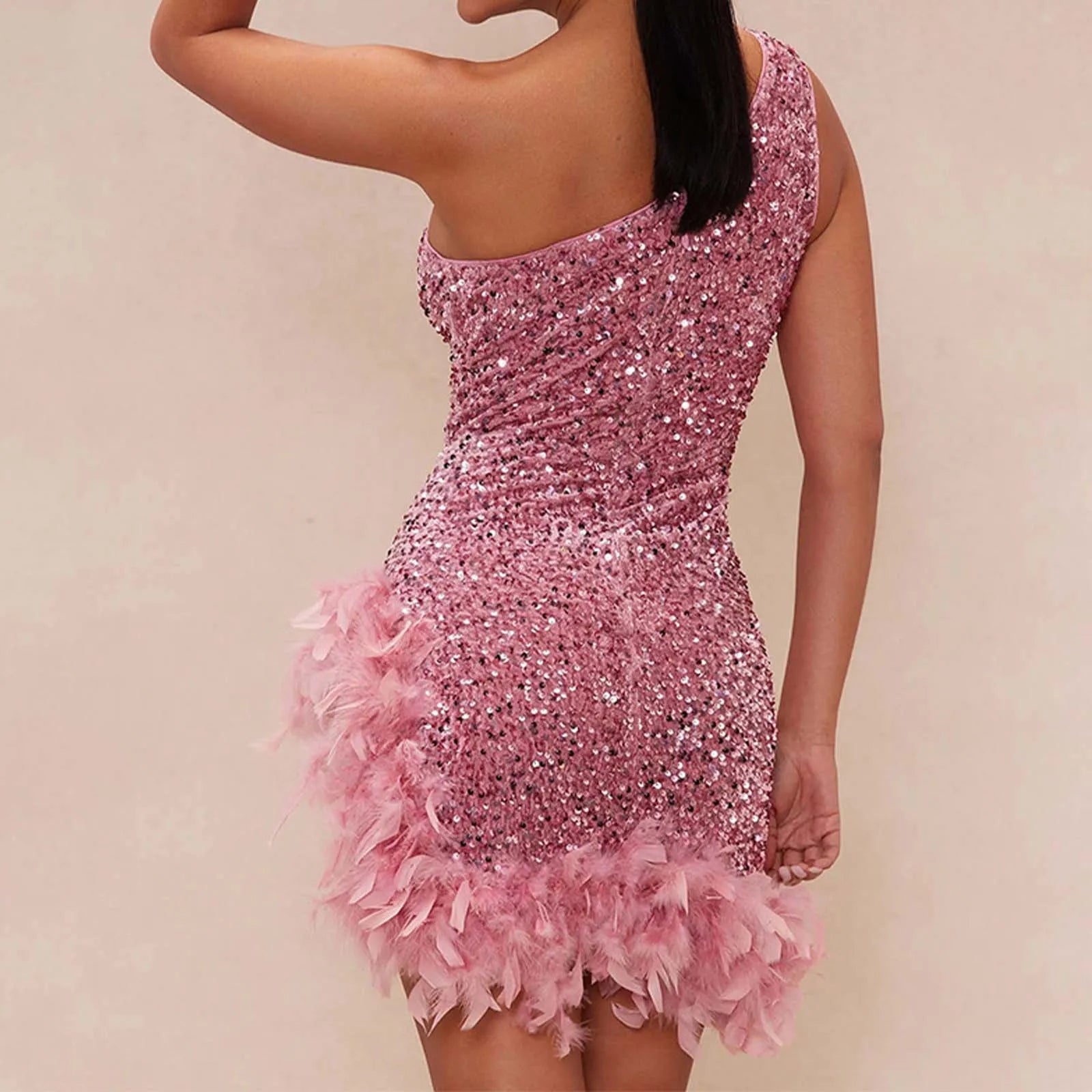 Feather Rhinestone Hollow Out Black Party Dress Partydress-241208