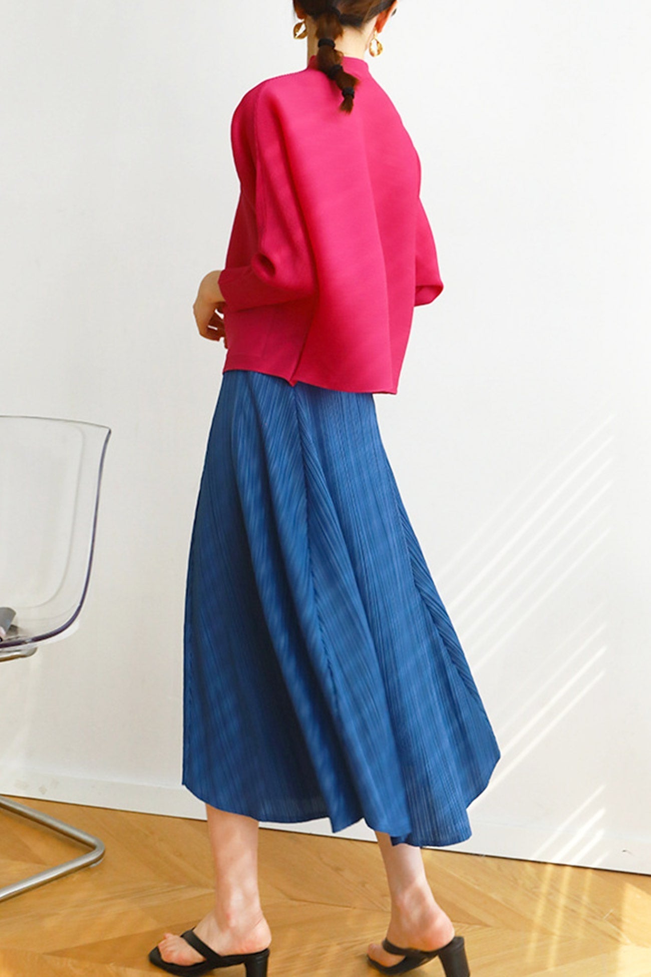 Pleated High Waist Skirt - Solid Color Midi Dresses