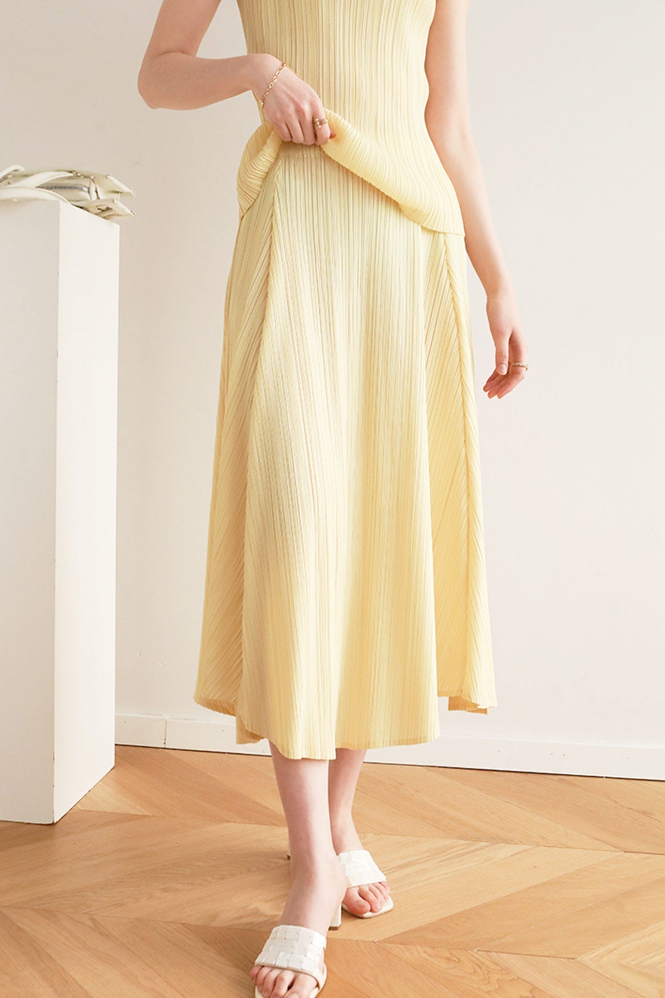 Pleated High Waist Skirt - Solid Color Midi Dresses