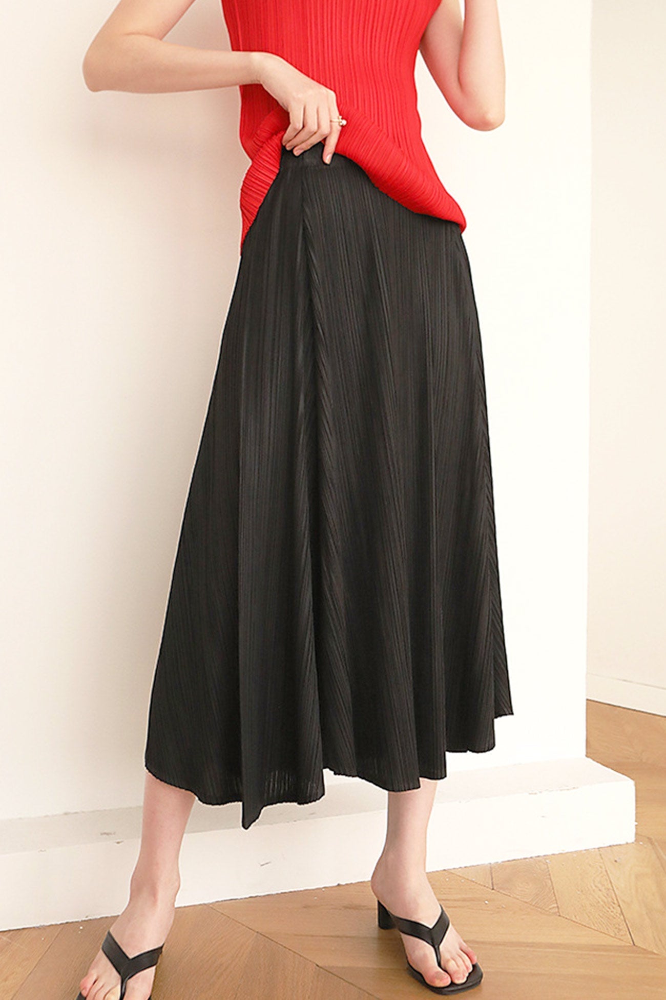 Pleated High Waist Skirt - Solid Color Midi Dresses