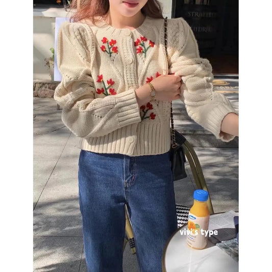 Elegant Print Single Breasted Knit Cardigan Apricot / S cardiagn-250126