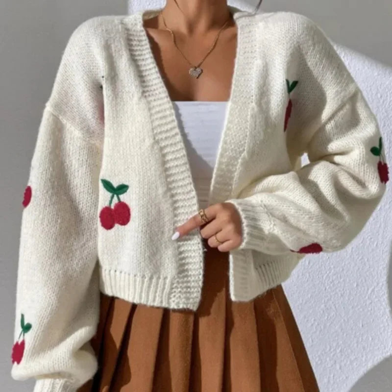 Cherry Embroidery Loose Long Sleeve Casual Knit Cardigan cardiagn-250126