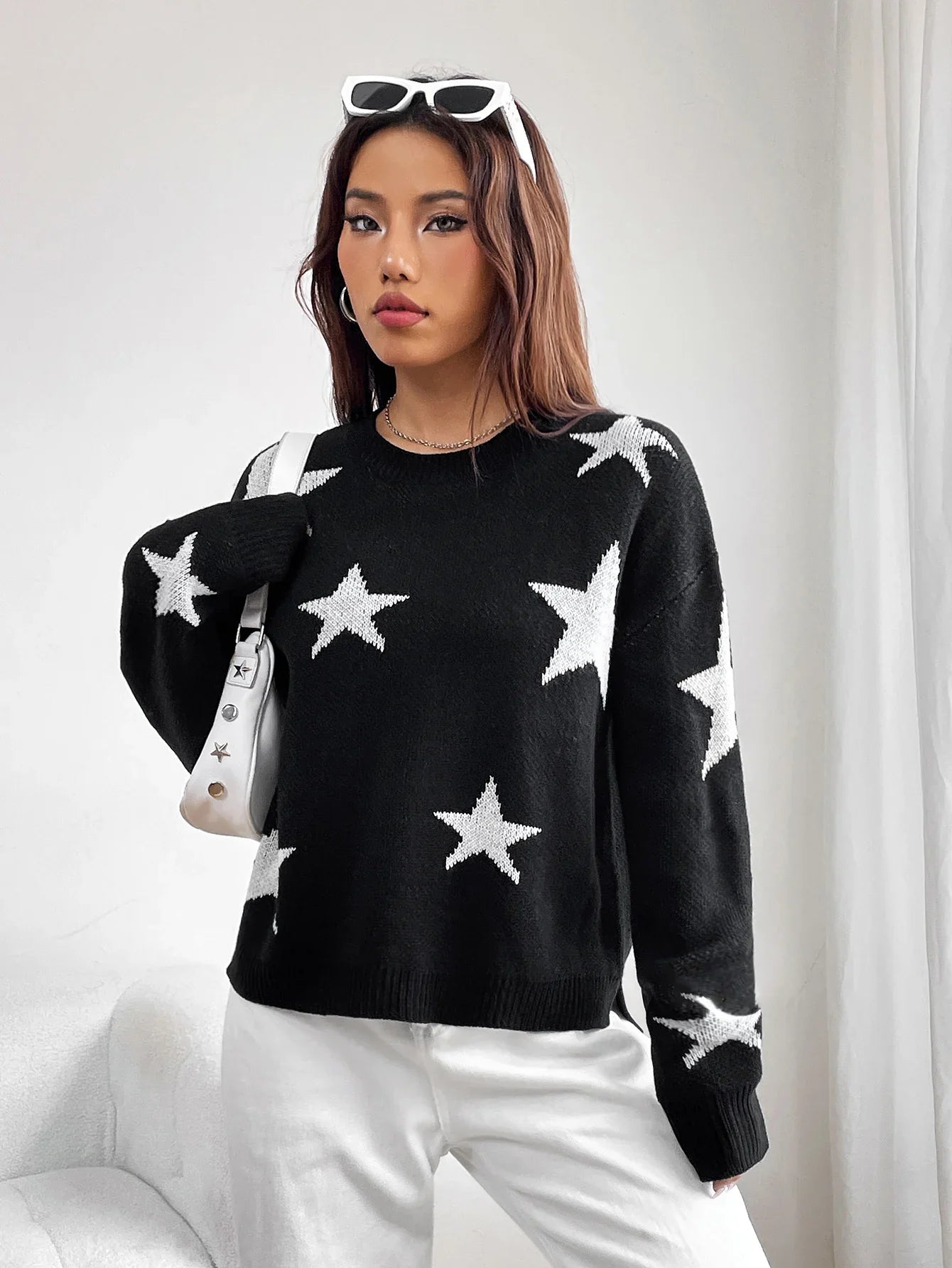 Spring Stylish Colorful Contrast Starry Cozy Comfortable Loose Long-Sleeved Warm Sweater Sweaters-L