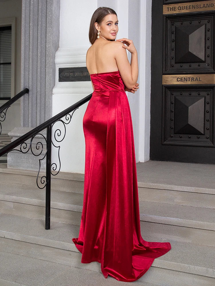 Strapless Ruched Satin Party Dress Partydress-241208