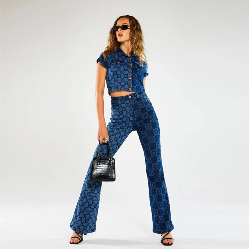 Stretch Fashion Print Women’s High Waist Flare Women Long Summer Casual Streetwear Denim Pant Jean