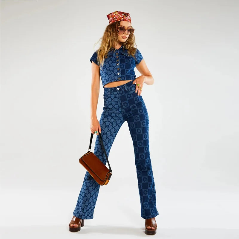 Stretch Fashion Print Women’s High Waist Flare Women Long Summer Casual Streetwear Denim Pant Jean