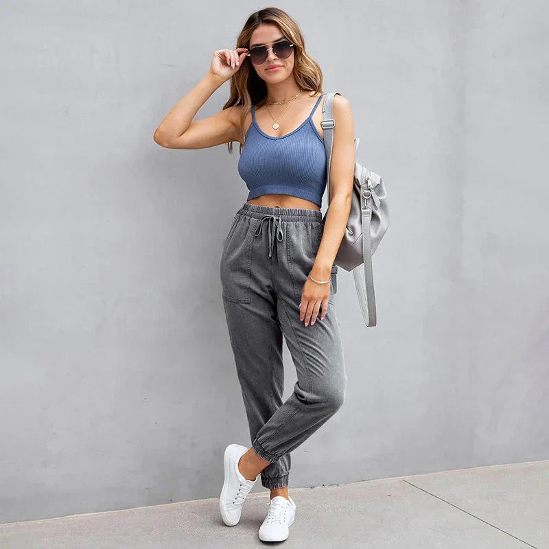 Stretch Women High Waist Wide Leg Casual Fashion Pocket Drawstring Clothing Mom Jean