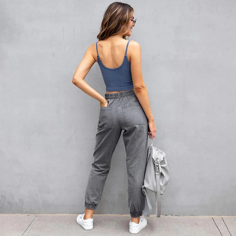 Stretch Women High Waist Wide Leg Casual Fashion Pocket Drawstring Clothing Mom Jean
