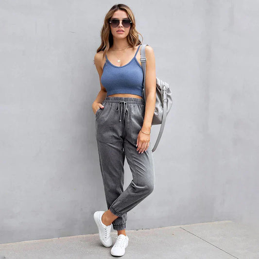 Stretch Women High Waist Wide Leg Casual Fashion Pocket Drawstring Clothing Mom Jean Grey / S